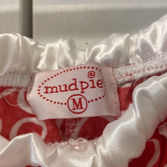 Mud Pie- ladies Christmas PJ bottoms Red with white swirls and satin ruffles - Picture 2 of 4
